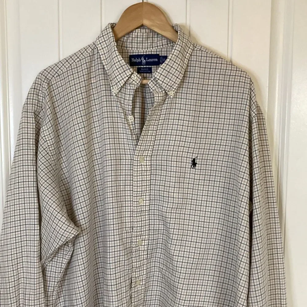 Ralph Lauren Mens Blake Button Down Shirt XL White Gold Navy Windowpane‎ Pony